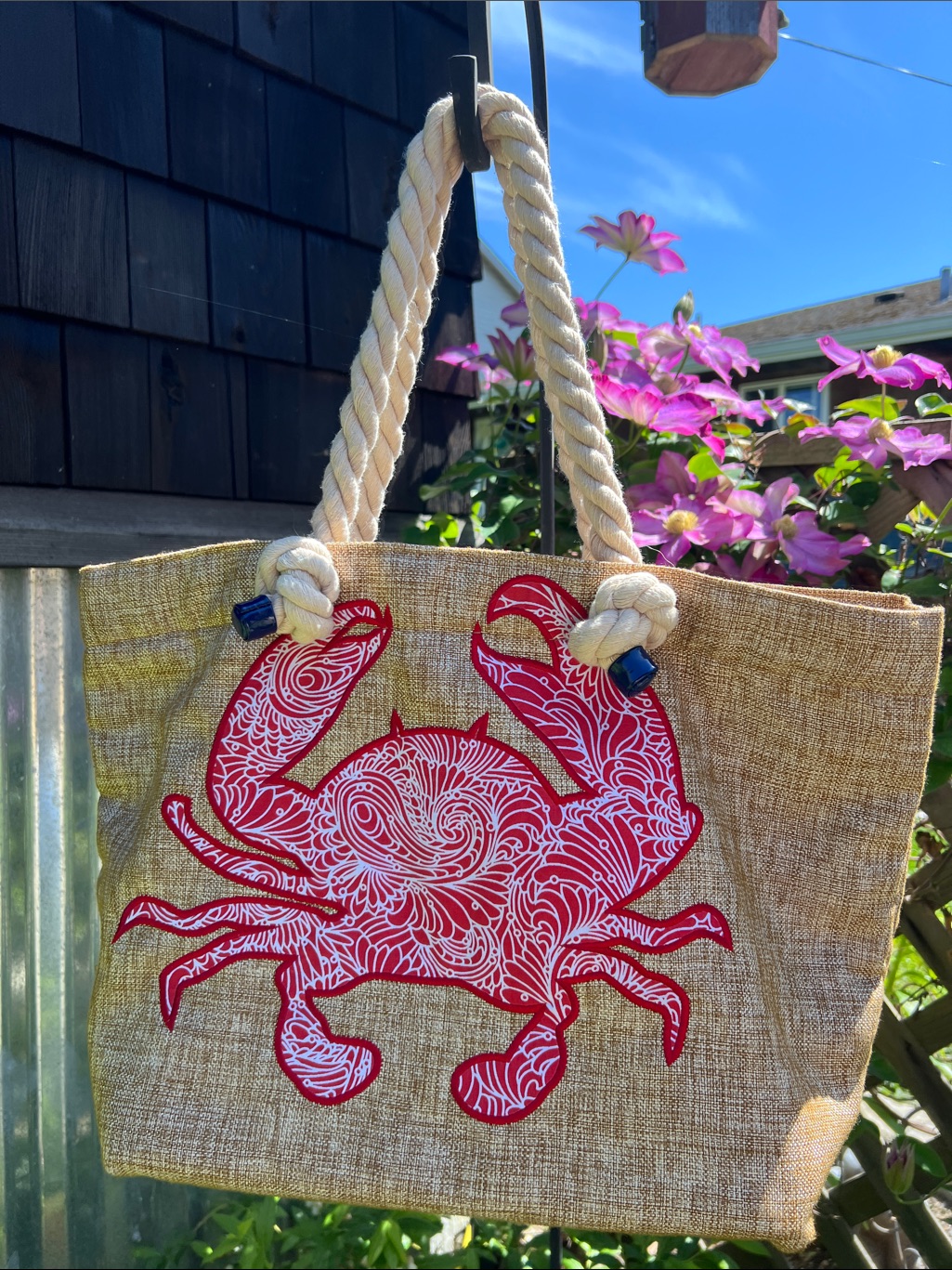 Rope-Handle Beach Tote With Red Crab Graphic